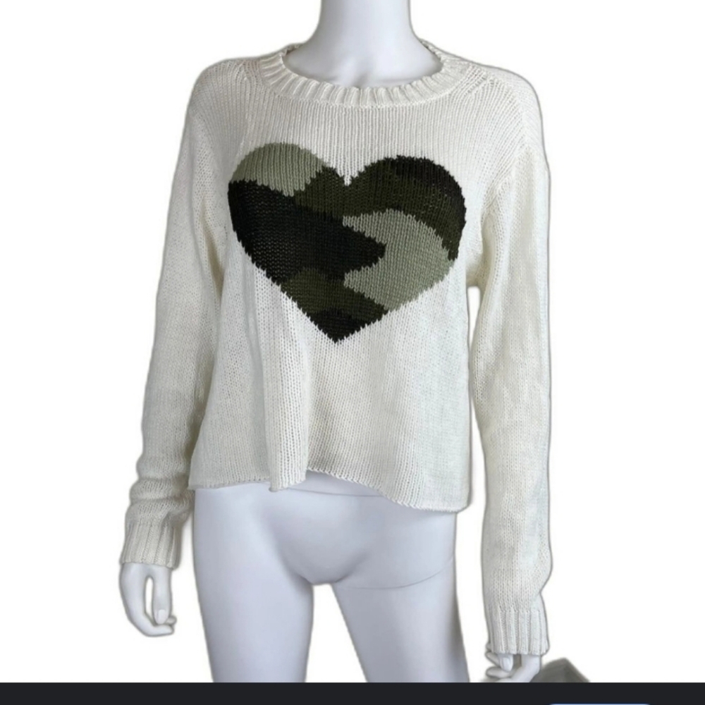 Wooden Ships Boho Casual  Green Camoflauge Heart Knit Crop Oversized Sweater - Picture 2 of 5